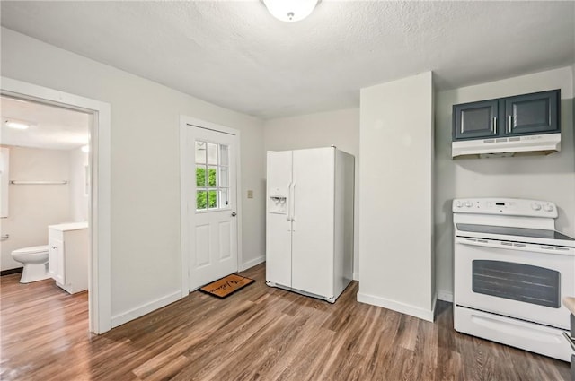 256 Marshall St, Hermitage, PA 16148 - kitchen with white appliances, under cabinet range hood, wood finished floors, baseboards, and a textured ceiling