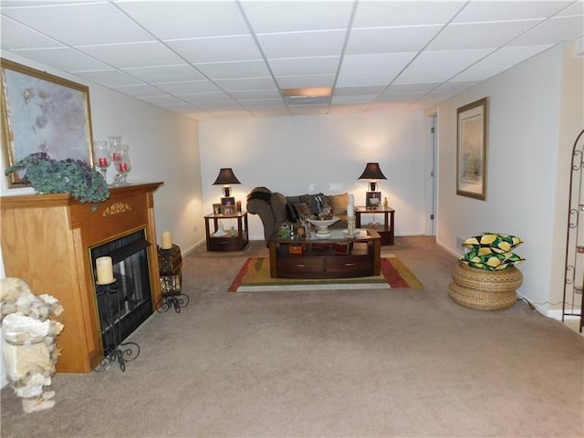 403 Shannon Dr, South Union Twp, PA 15401 - carpeted living room with a glass covered fireplace, a paneled ceiling, and baseboards