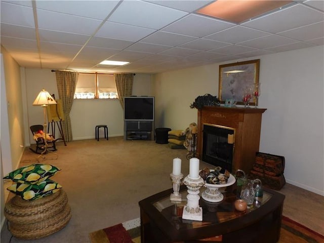 403 Shannon Dr, South Union Twp, PA 15401 - living room with a drop ceiling, carpet, baseboards, and a fireplace