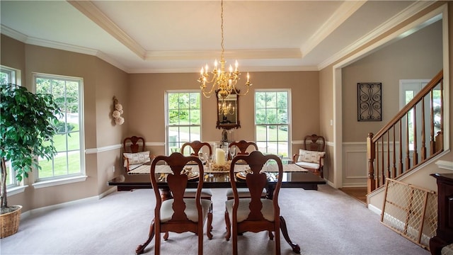 104 Cherokee Ct, Buffalo Twp But, PA 16229 - carpeted dining room with a chandelier, stairs, a raised ceiling, and ornamental molding