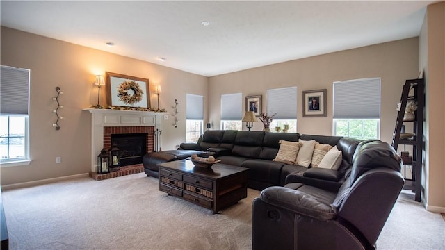 104 Cherokee Ct, Buffalo Twp But, PA 16229 - living area featuring light carpet, a brick fireplace, and baseboards
