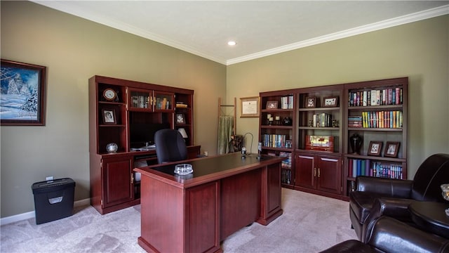 104 Cherokee Ct, Buffalo Twp But, PA 16229 - home office featuring light colored carpet, ornamental molding, recessed lighting, and baseboards