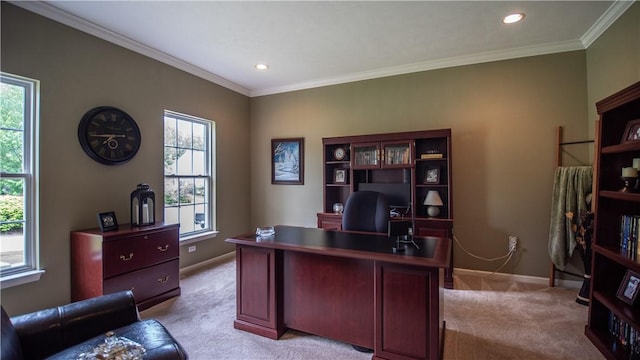 104 Cherokee Ct, Buffalo Twp But, PA 16229 - office area with light carpet, plenty of natural light, baseboards, recessed lighting, and crown molding