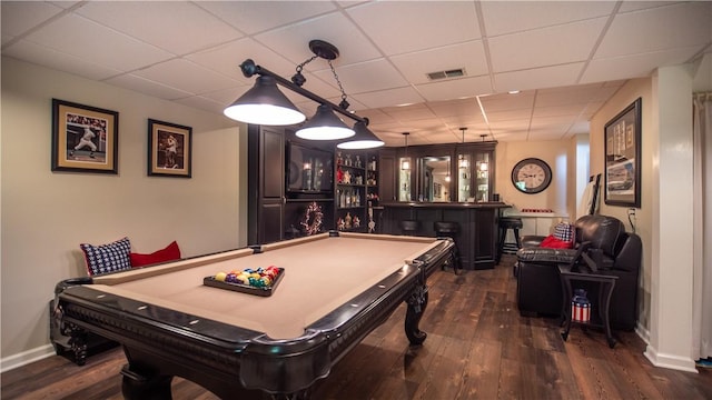 104 Cherokee Ct, Buffalo Twp But, PA 16229 - recreation room with a paneled ceiling, a dry bar, billiards, dark wood-style flooring, and baseboards