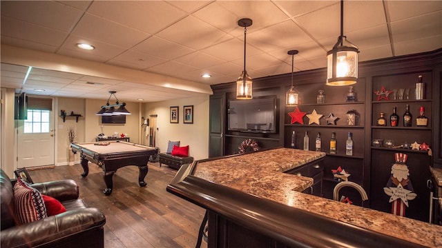 104 Cherokee Ct, Buffalo Twp But, PA 16229 - indoor wet bar with pool table, dark wood finished floors, pendant lighting, baseboards, and a paneled ceiling