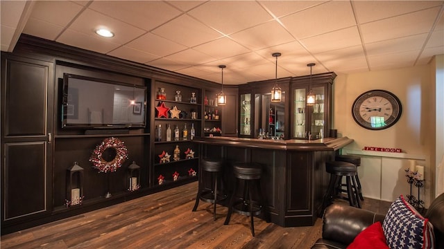 104 Cherokee Ct, Buffalo Twp But, PA 16229 - indoor bar with dark wood-style floors, a paneled ceiling, and hanging light fixtures