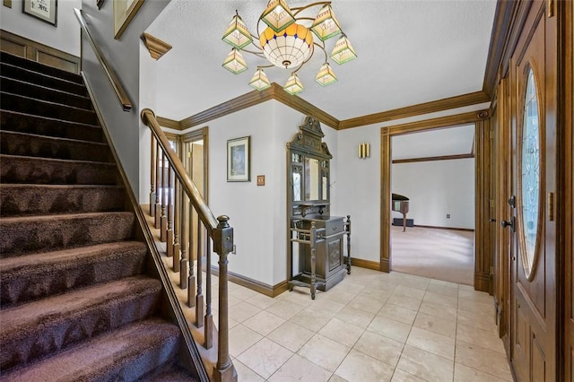 2465 Citation Ct, Franklin Park, PA 15090 - foyer entrance featuring stairway, light tile patterned floors, baseboards, light carpet, and ornamental molding