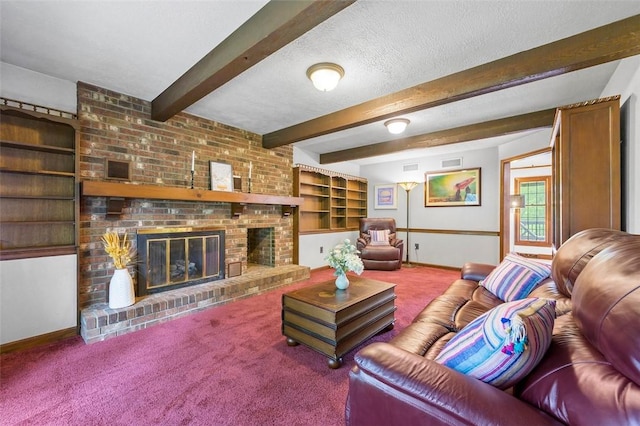 2465 Citation Ct, Franklin Park, PA 15090 - carpeted living area with baseboards, beamed ceiling, a brick fireplace, and a textured ceiling