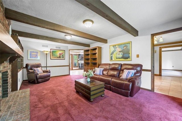 2465 Citation Ct, Franklin Park, PA 15090 - carpeted living area featuring a brick fireplace, baseboards, beamed ceiling, tile patterned flooring, and a textured ceiling