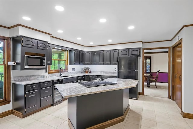 2465 Citation Ct, Franklin Park, PA 15090 - kitchen featuring freestanding refrigerator, a sink, black electric cooktop, ornamental molding, and beverage cooler