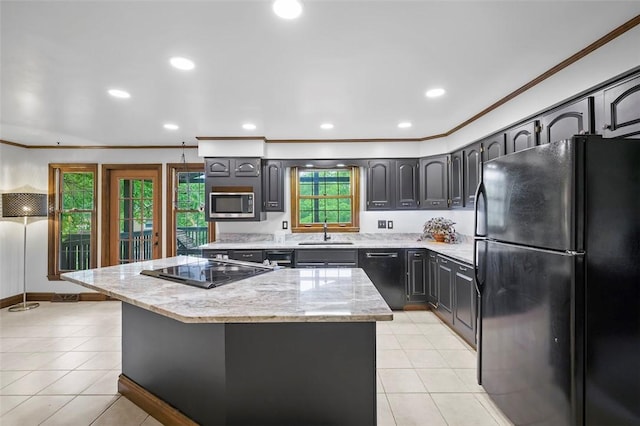 2465 Citation Ct, Franklin Park, PA 15090 - kitchen featuring black appliances, a sink, crown molding, a center island, and light tile patterned floors