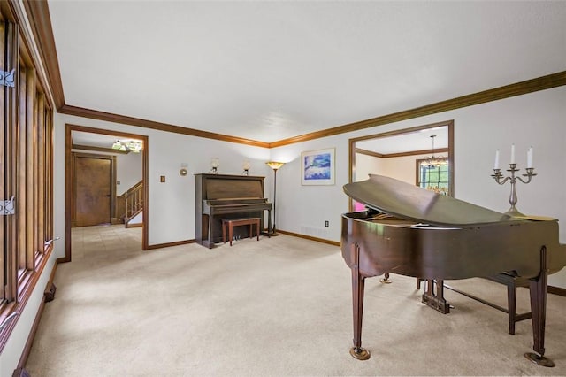 2465 Citation Ct, Franklin Park, PA 15090 - living area with ornamental molding, baseboards, light carpet, stairs, and a chandelier