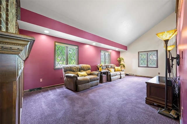 2465 Citation Ct, Franklin Park, PA 15090 - carpeted living room with a baseboard radiator, baseboards, vaulted ceiling, and recessed lighting