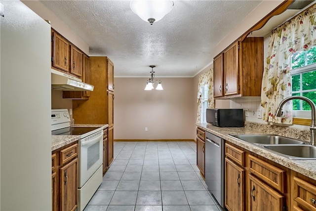 18 Giant Oak, Baden, PA 15005 - kitchen featuring white appliances, under cabinet range hood, a sink, brown cabinets, and a textured ceiling