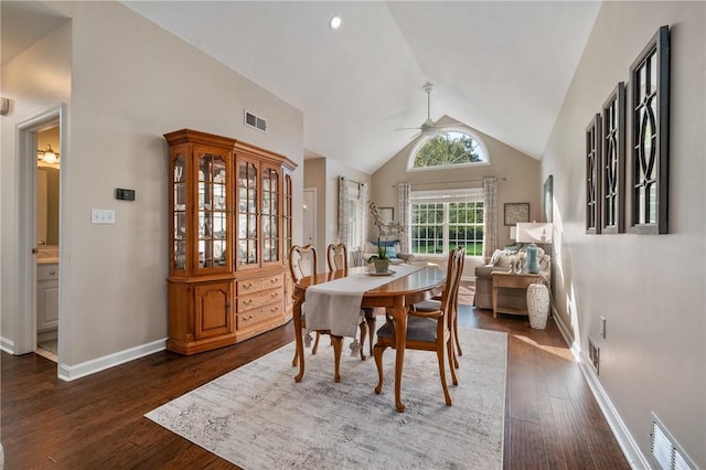 139 Canter Ln, West Deer, PA 15044 - dining area with ceiling fan, dark wood-style floors, baseboards, and high vaulted ceiling
