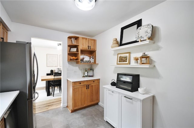44 Eichelberger Dr, Robinson Twp Nwa, PA 15108 - kitchen featuring freestanding refrigerator, open shelves, and light countertops