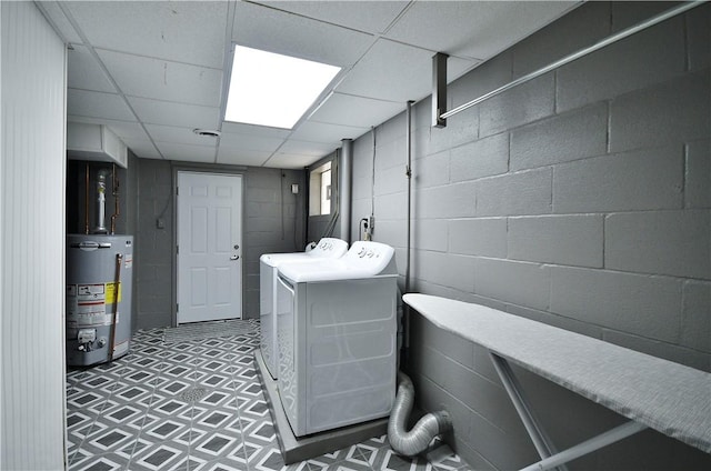 44 Eichelberger Dr, Robinson Twp Nwa, PA 15108 - laundry area with washer and dryer, gas water heater, light flooring, and concrete block wall
