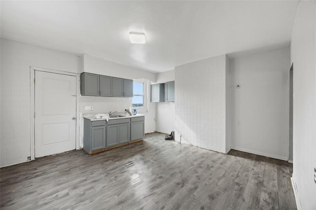 224 Moye Pl, Mount Oliver, PA 15210 - kitchen with gray cabinets, wood finished floors, light countertops, and baseboards