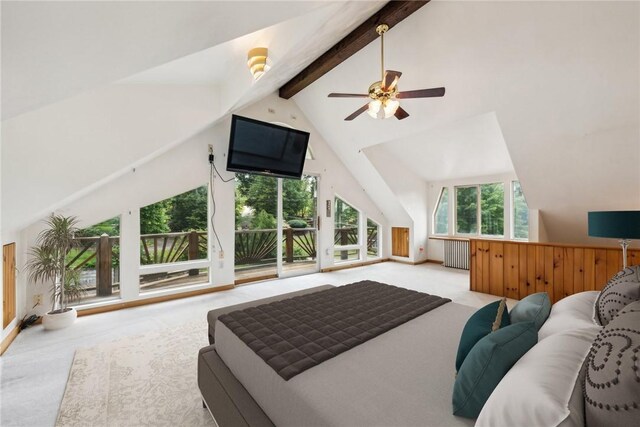 1303 Isabella Rd, Connellsville, PA 15425 - carpeted bedroom featuring beamed ceiling, radiator, access to outside, a ceiling fan, and high vaulted ceiling