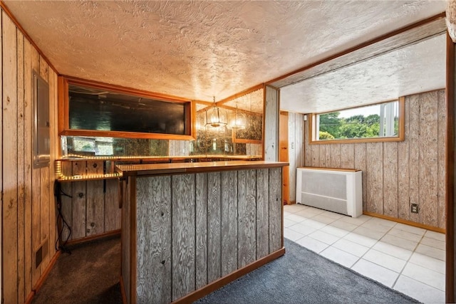 1303 Isabella Rd, Connellsville, PA 15425 - indoor wet bar featuring radiator, baseboards, a textured ceiling, wood walls, and tile patterned floors