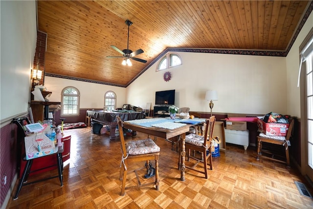 115 Orchard Ave, Rostraver, PA 15012 - dining area featuring wood ceiling, a ceiling fan, ornamental molding, and high vaulted ceiling