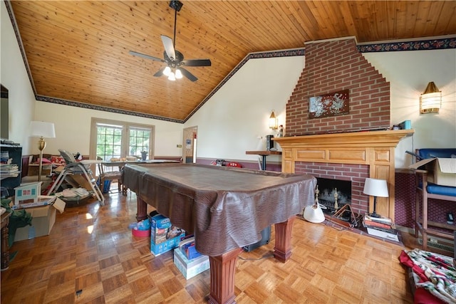 115 Orchard Ave, Rostraver, PA 15012 - recreation room with ceiling fan, ornamental molding, wood ceiling, a fireplace, and billiards