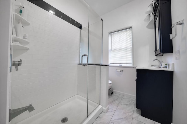 115 Orchard Ave, Rostraver, PA 15012 - full bath featuring toilet, a shower stall, marble look tile flooring, vanity, and baseboards