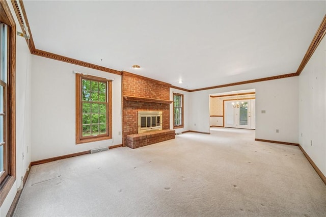 1001 Grand Ave, Hopewell Twp Bea, PA 15001 - unfurnished living room featuring a chandelier, ornamental molding, light colored carpet, baseboards, and a brick fireplace
