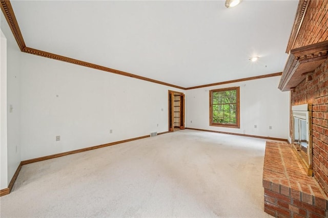 1001 Grand Ave, Hopewell Twp Bea, PA 15001 - unfurnished living room with crown molding, baseboards, a fireplace, and carpet flooring