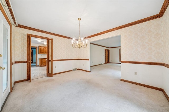 1001 Grand Ave, Hopewell Twp Bea, PA 15001 - spare room with wallpapered walls, carpet flooring, a chandelier, crown molding, and baseboards