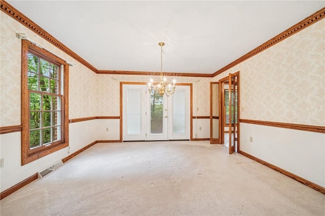 1001 Grand Ave, Hopewell Twp Bea, PA 15001 - carpeted empty room with a chandelier, plenty of natural light, wallpapered walls, ornamental molding, and baseboards