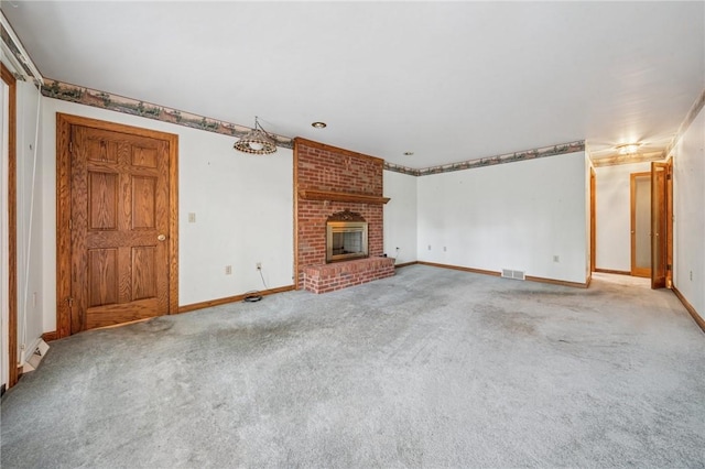 1001 Grand Ave, Hopewell Twp Bea, PA 15001 - unfurnished living room featuring baseboards, light colored carpet, and a brick fireplace