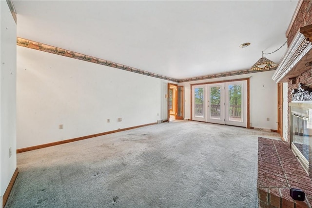 1001 Grand Ave, Hopewell Twp Bea, PA 15001 - unfurnished living room with a brick fireplace, carpet flooring, and baseboards