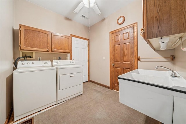 1001 Grand Ave, Hopewell Twp Bea, PA 15001 - laundry area with independent washer and dryer, cabinet space, light carpet, a ceiling fan, and baseboards