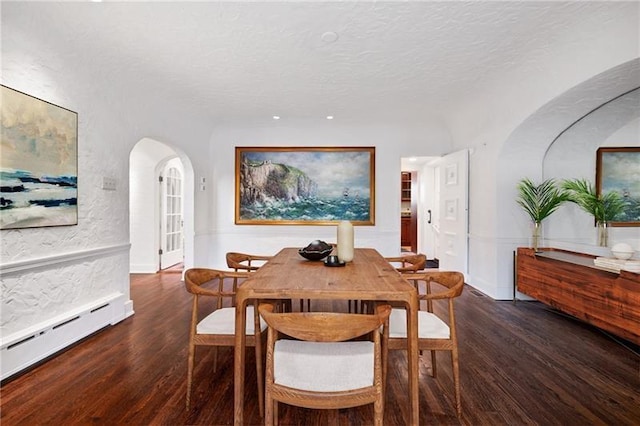 6820 Edgerton, Point Breeze, PA 15208 - dining room with arched walkways, baseboard heating, wood finished floors, a textured ceiling, and recessed lighting