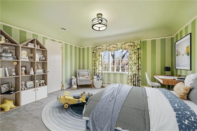 6820 Edgerton, Point Breeze, PA 15208 - bedroom with wallpapered walls, carpet, and a baseboard radiator