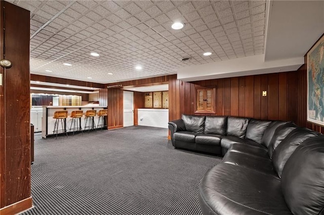 6820 Edgerton, Point Breeze, PA 15208 - carpeted living room featuring wooden walls and recessed lighting