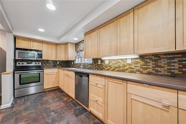 32 Norton St, Mt Washington, PA 15211 - kitchen featuring light brown cabinets, stainless steel appliances, a sink, decorative backsplash, and recessed lighting