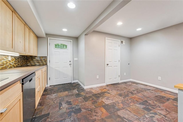 32 Norton St, Mt Washington, PA 15211 - kitchen featuring light brown cabinets, dishwasher, baseboards, recessed lighting, and tasteful backsplash