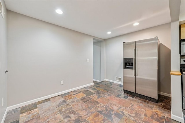 32 Norton St, Mt Washington, PA 15211 - kitchen featuring stainless steel fridge with ice dispenser, baseboards, dark stone finish floors, and recessed lighting