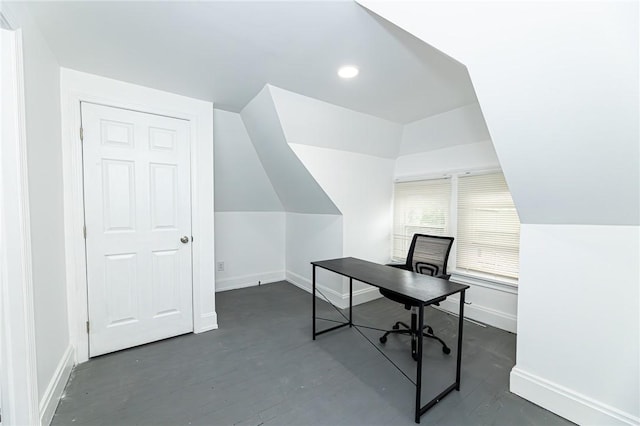 1044 Flemington St, Greenfield, PA 15217 - office featuring baseboards, vaulted ceiling, recessed lighting, and dark wood finished floors