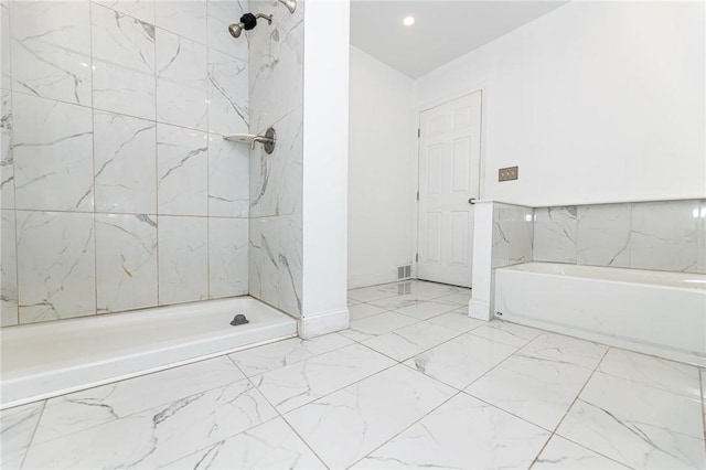 1044 Flemington St, Greenfield, PA 15217 - bathroom featuring marble finish flooring, a bath, a shower, baseboards, and recessed lighting