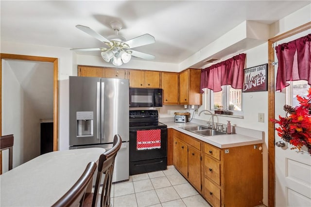 638 Friday Rd, Shaler, PA 15209 - kitchen featuring black appliances, a sink, light countertops, a ceiling fan, and light tile patterned flooring
