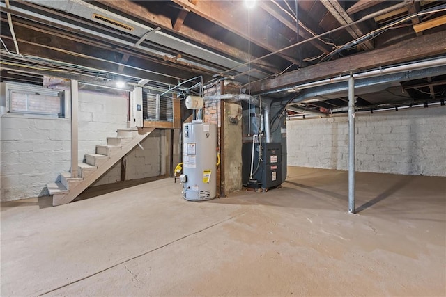 907 Greenfield Ave, Greenfield, PA 15217 - unfinished basement featuring gas water heater, heating unit, and stairway