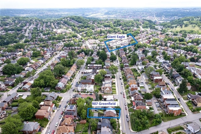 907 Greenfield Ave, Greenfield, PA 15217 - aerial view of property and surrounding area featuring property parcel outlined and nearby suburban area