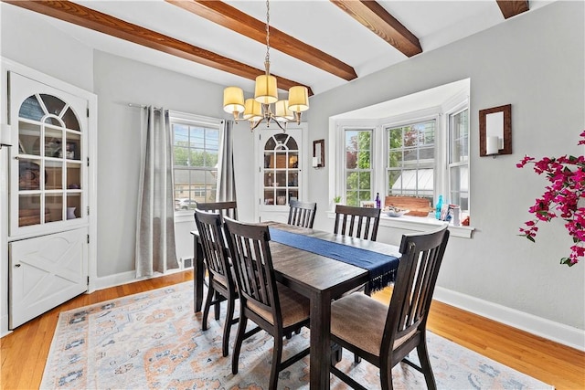 55 Evergreen Ter, Uniontown, PA 15401 - dining space featuring a chandelier, beamed ceiling, baseboards, and light wood finished floors