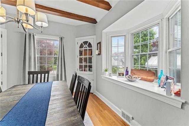 55 Evergreen Ter, Uniontown, PA 15401 - dining room with plenty of natural light, baseboards, beam ceiling, a chandelier, and wood finished floors