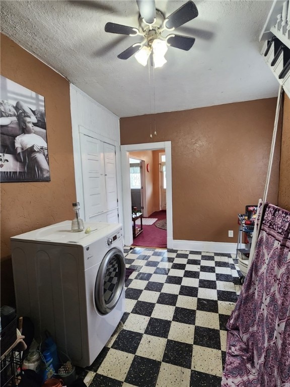 534 Broadway St, Masontown, PA 15461 - washroom with tile patterned floors, a ceiling fan, a textured wall, a textured ceiling, and washer / clothes dryer