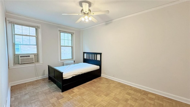 144 N Dithridge St Unit 703, Oakland, PA 15213 - bedroom with radiator heating unit, baseboards, ornamental molding, cooling unit, and a ceiling fan
