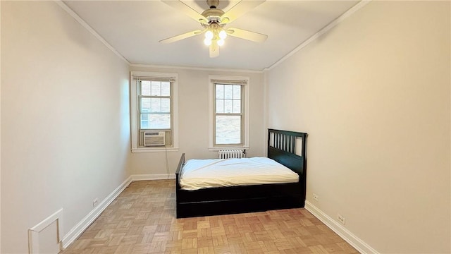 144 N Dithridge St Unit 703, Oakland, PA 15213 - bedroom featuring ornamental molding, baseboards, radiator, and ceiling fan